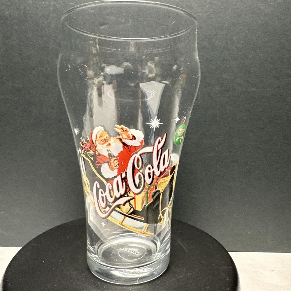 Coca-Cola Glass 2001 RARE Santa And Sleigh Made In France With Greek Letters